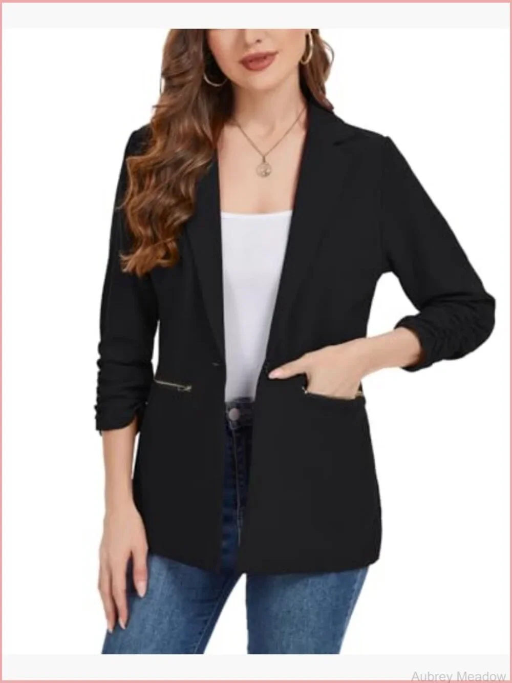 Women's 3/4 Sleeve Blazer with Zipper Pockets - Casual Work Jacket